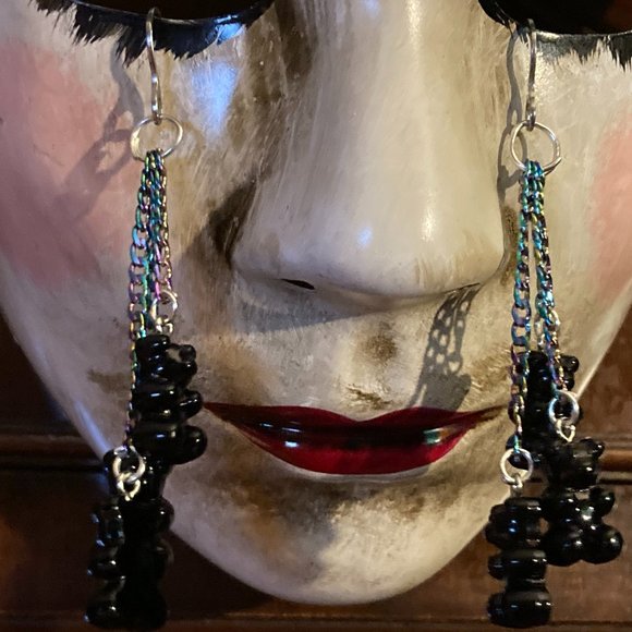 Triple Scummy Bear Black and Rainbow Dangle Earrings - Picture 1 of 4